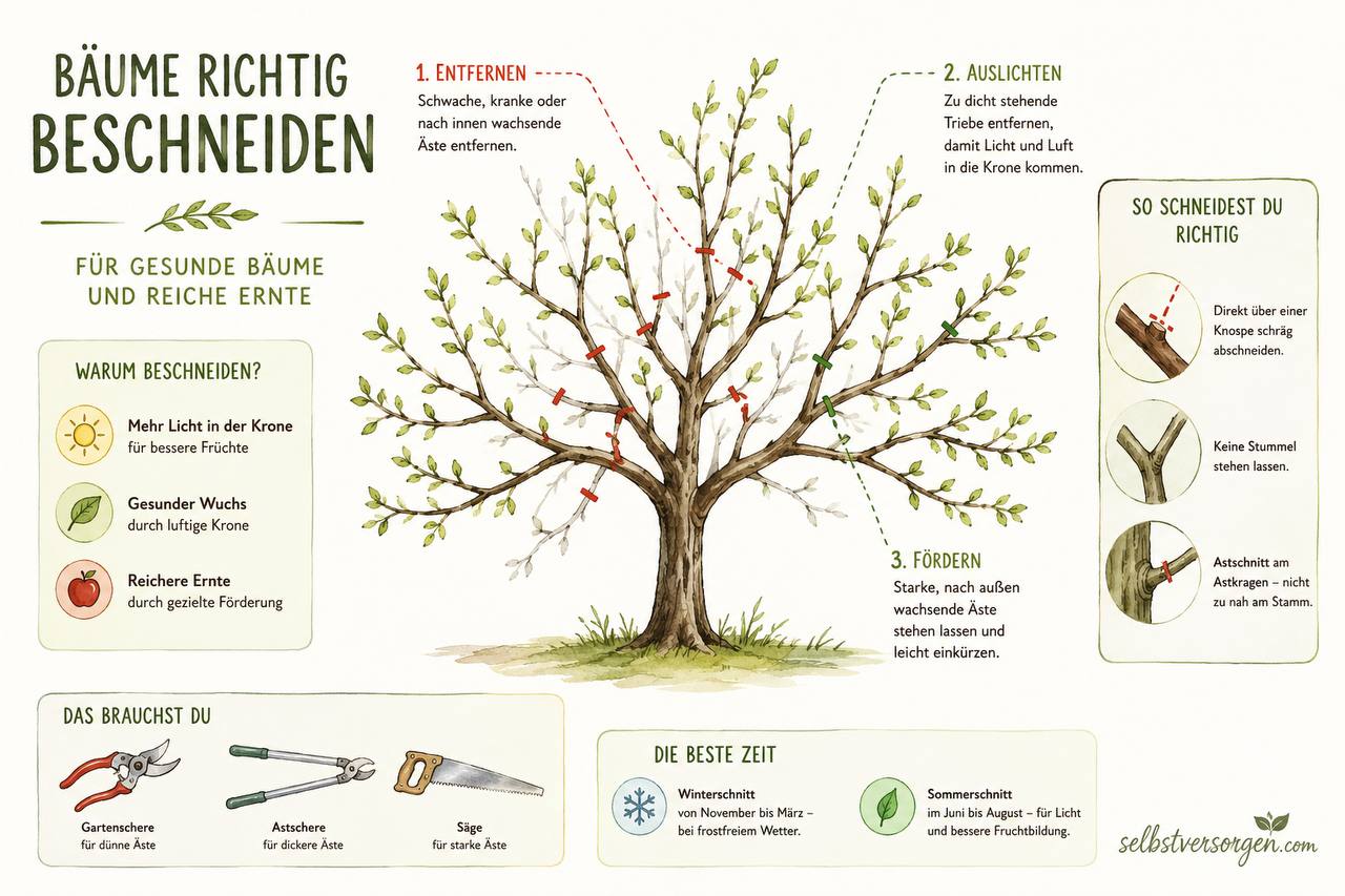 Infografik: Bäume richtig beschneiden – Schnittanleitung für gesunde Bäume und reiche Ernte