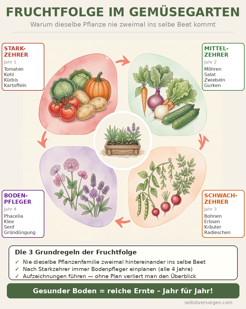Fruchtfolge Infografik: Die 4-Felder-Rotation im Gemüsegarten – Starkzehrer, Mittelzehrer, Schwachzehrer, Bodenpfleger